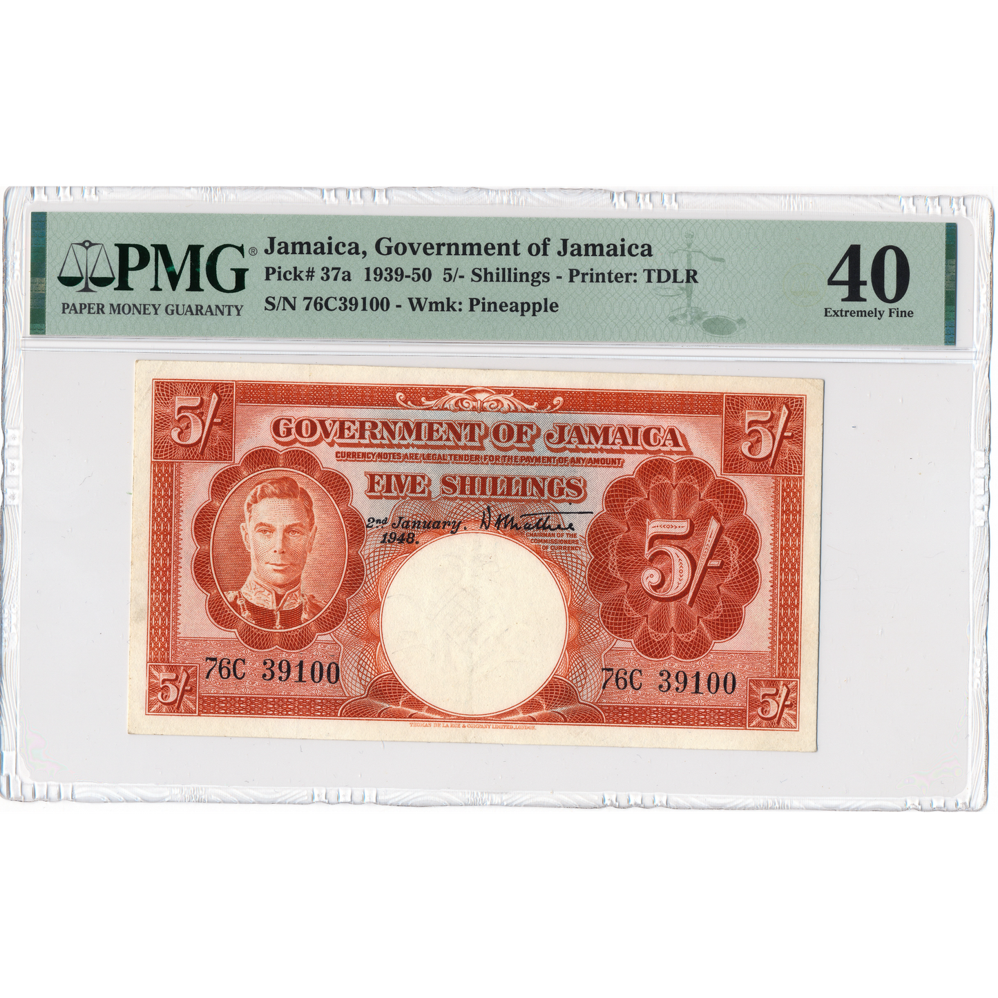 JAMAICA P.37a 1948 5 Shillings EF 40