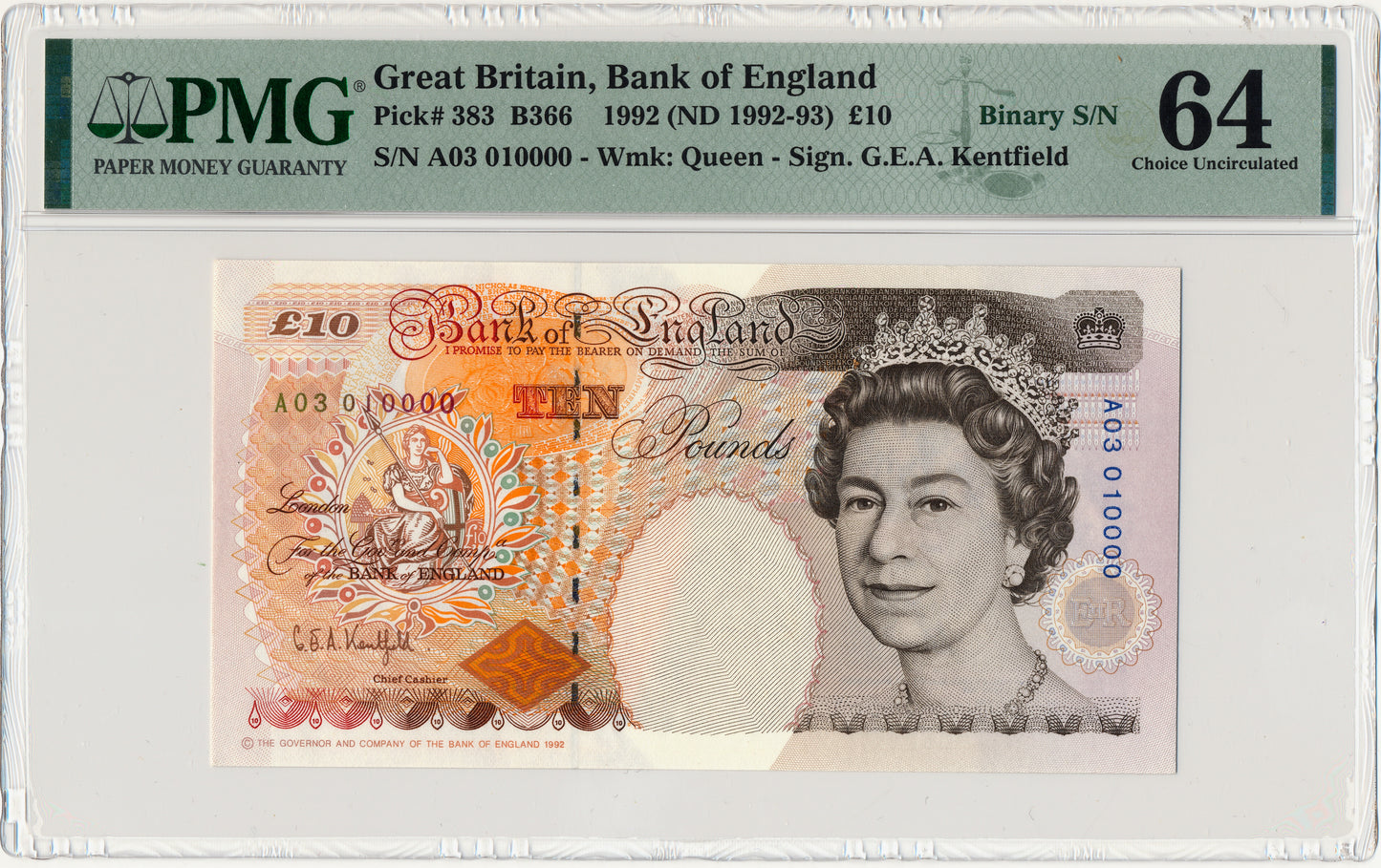 ENGLAND P.383a B366 1992-1993 Kentfield £10 Choice UNC 64 A01 030000