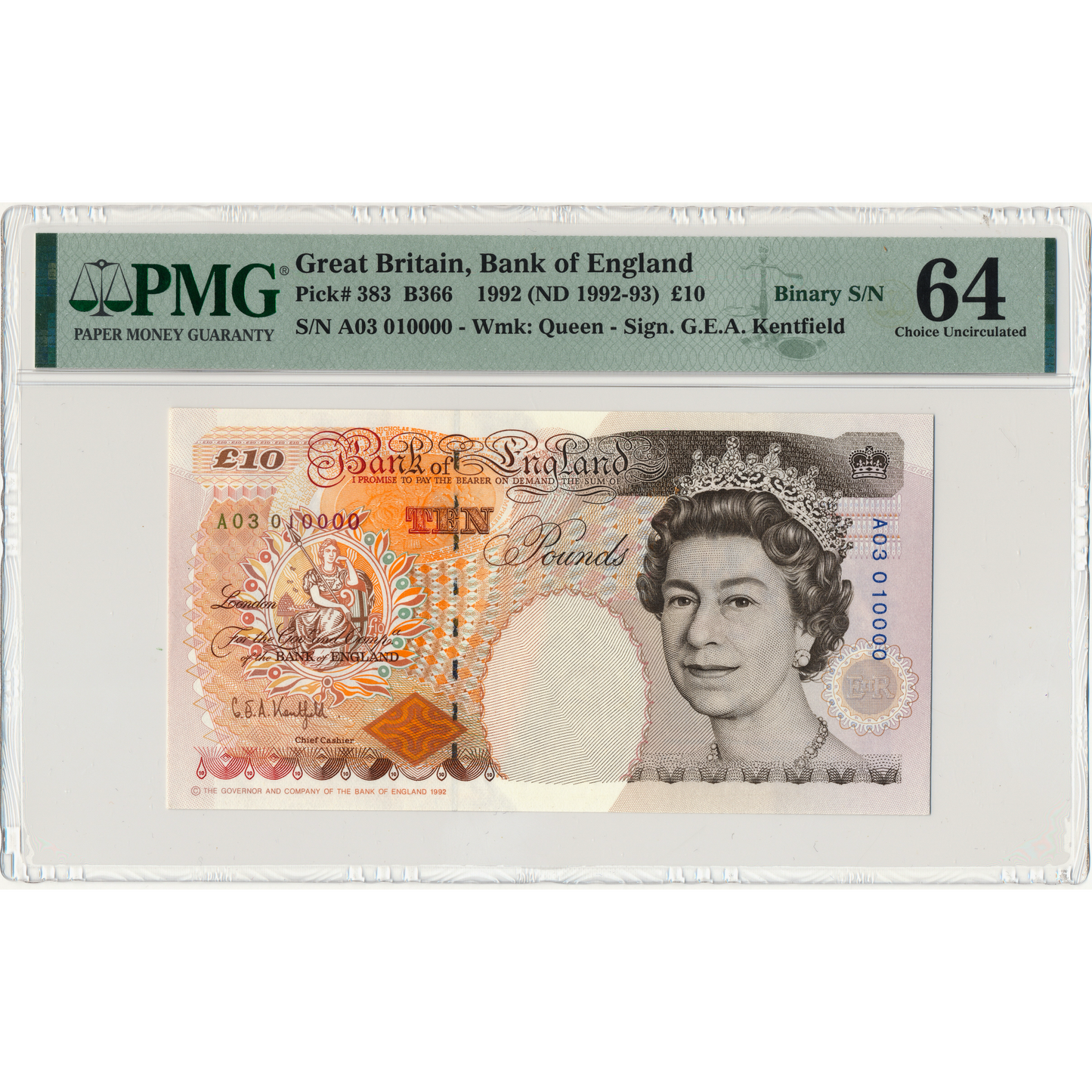 ENGLAND P.383a B366 1992-1993 Kentfield £10 Choice UNC 64 A01 030000