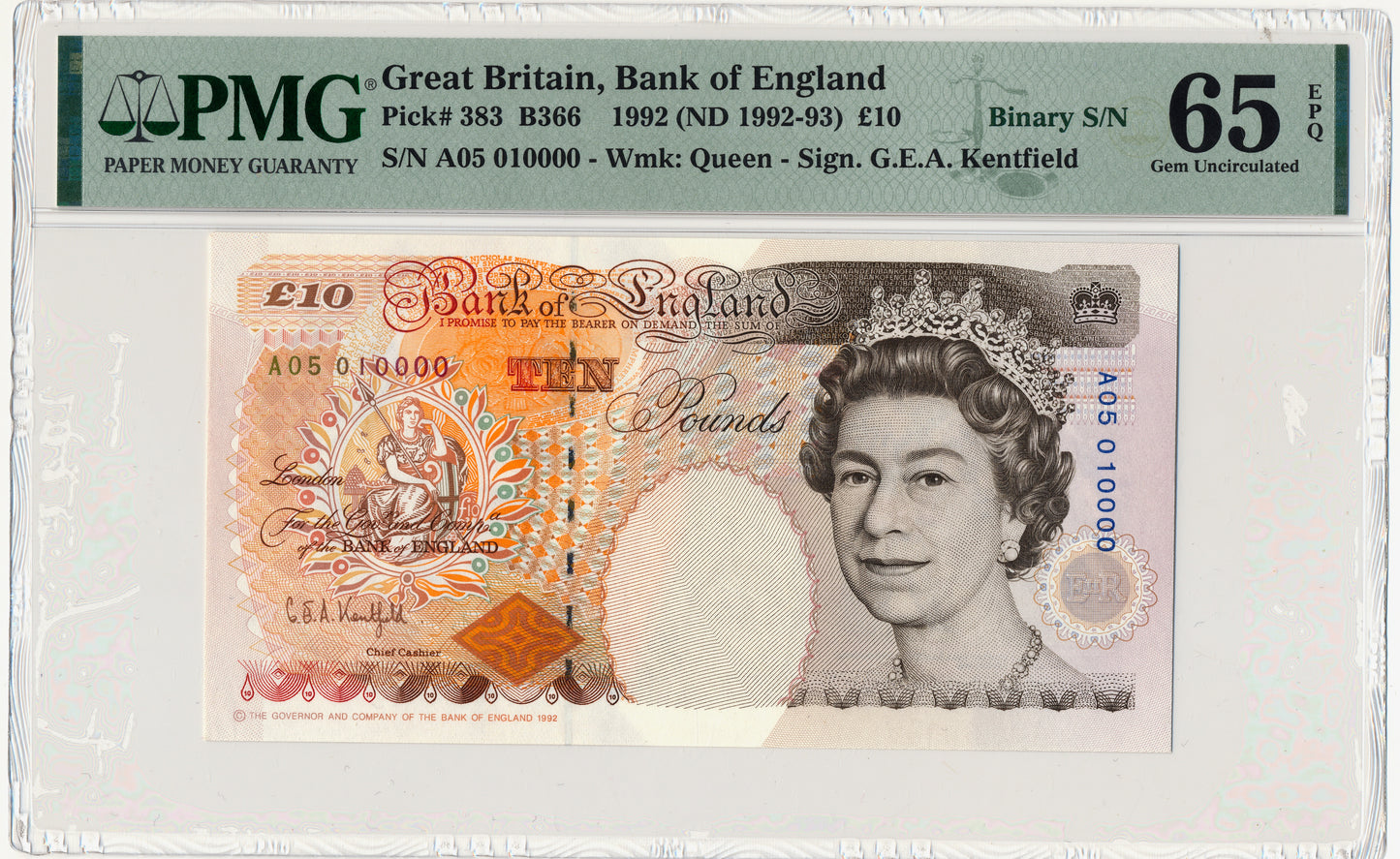 ENGLAND P.383a B366 1992-1993 Kentfield £10 Gem UNC 65 EPQ A01 050000