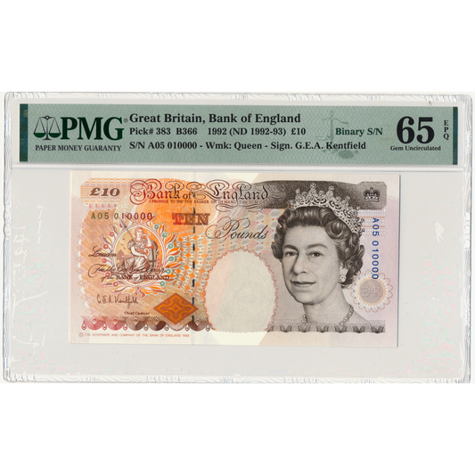 ENGLAND P.383a B366 1992-1993 Kentfield £10 Gem UNC 65 EPQ A01 050000