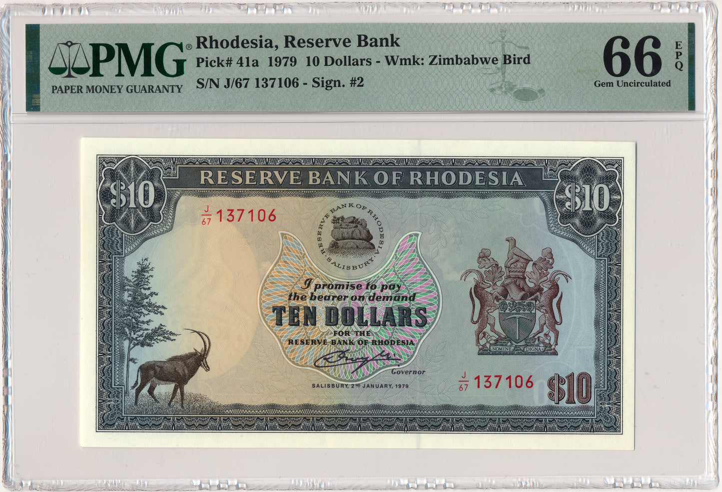 RHODESIA P.41 1979 10 dollars Gem UNC 66 EPQ