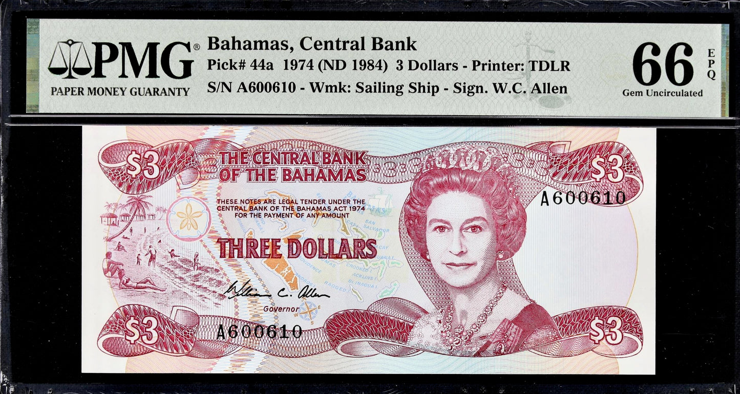 BAHAMAS P.44a 1984 3 Dollar GEM UNC 66 EPQ