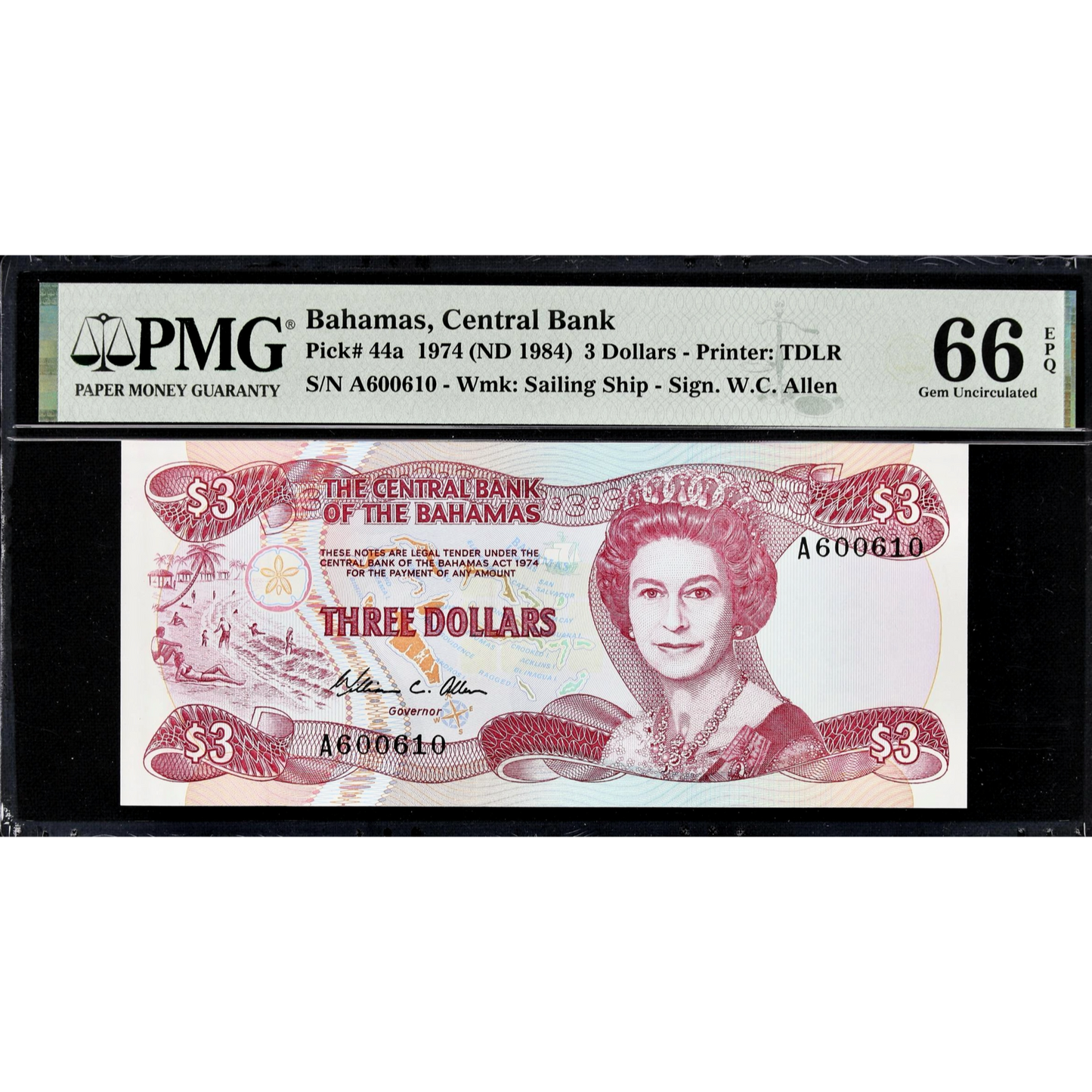 BAHAMAS P.44a 1984 3 Dollar GEM UNC 66 EPQ