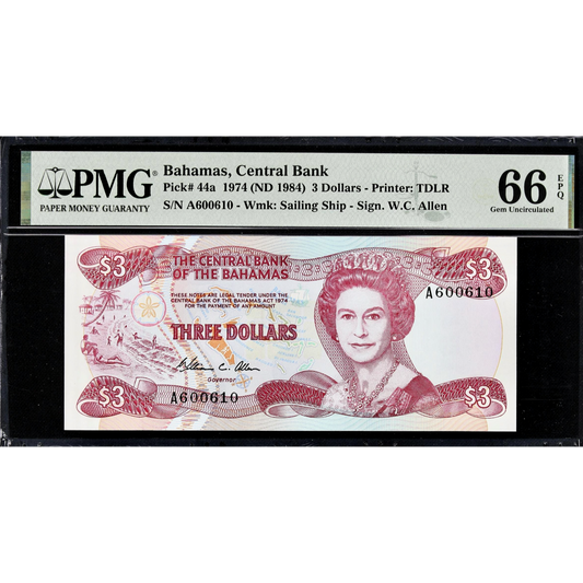 BAHAMAS P.44a 1984 3 Dollar GEM UNC 66 EPQ