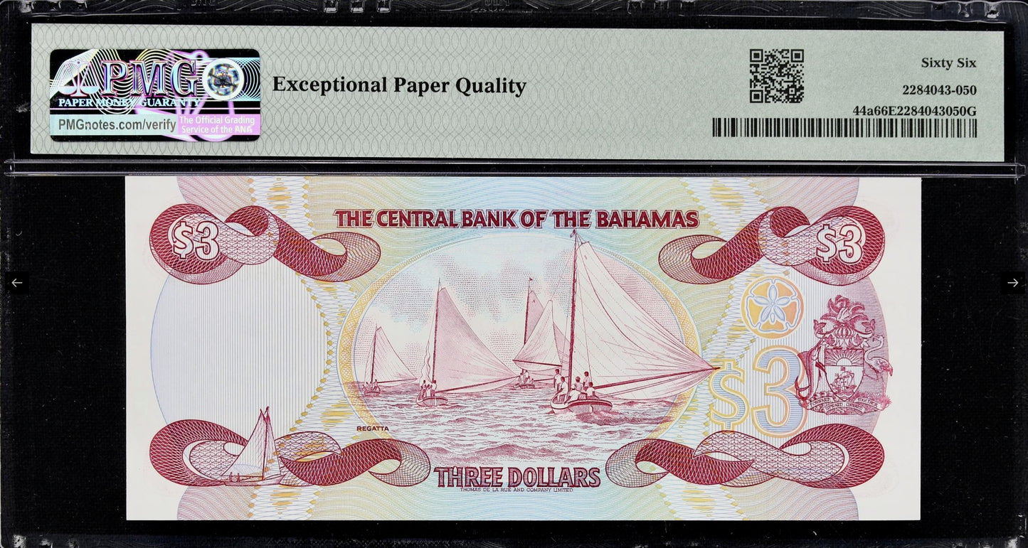 BAHAMAS P.44a 1984 3 Dollar GEM UNC 66 EPQ