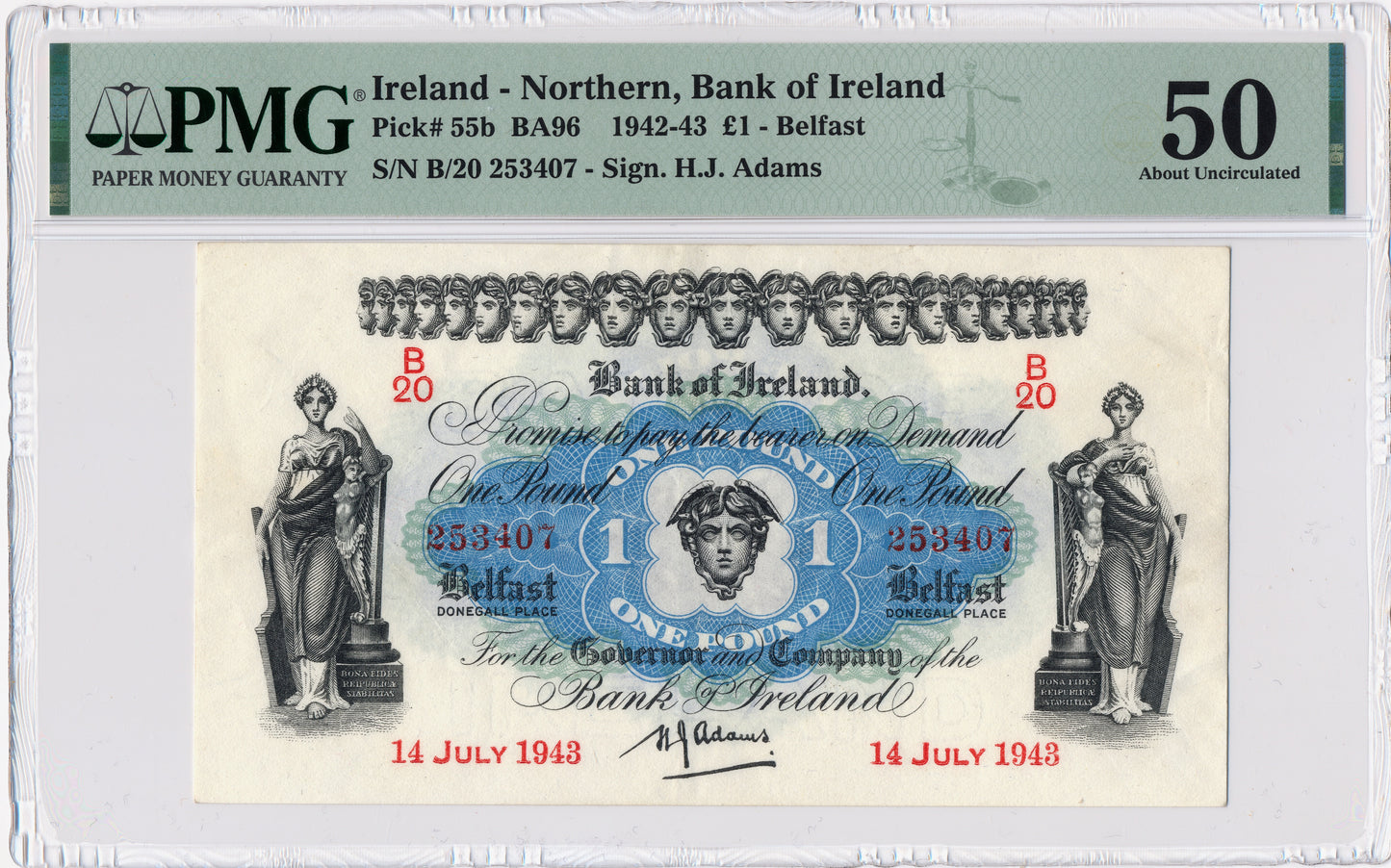 NORTHERN IRELAND P.55b NI202b 1943 Bank of Ireland £1 AUNC 50