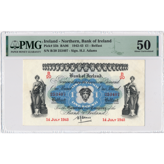 NORTHERN IRELAND P.55b NI202b 1943 Bank of Ireland £1 AUNC 50