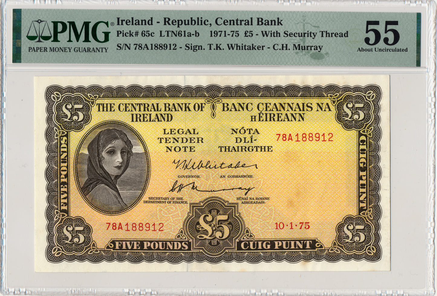 IRELAND P.65c E099 1975 £5 AUNC 55