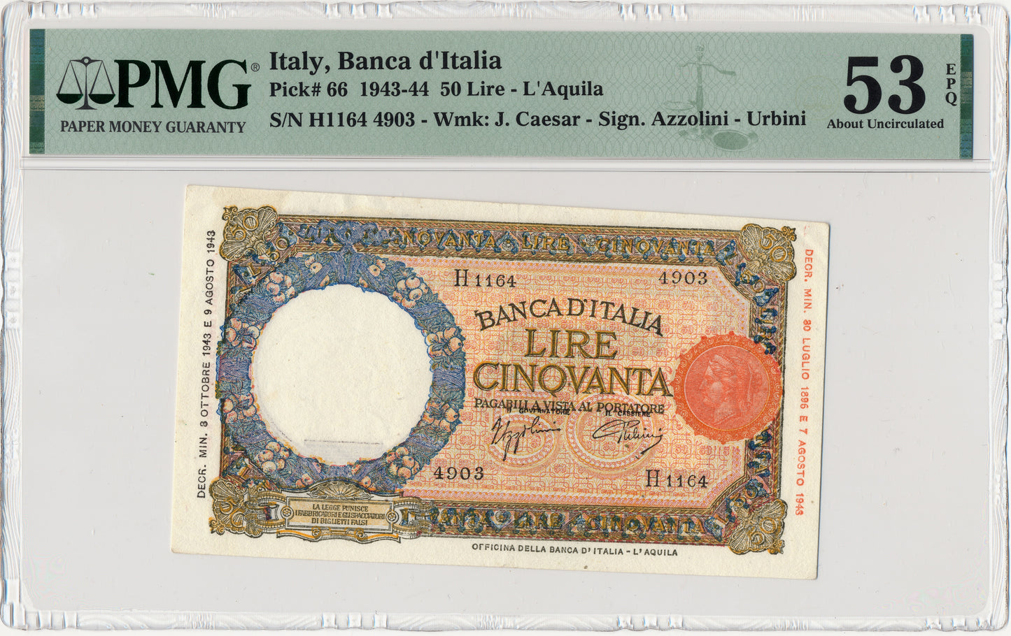 ITALY P.66 1943 50 Lire AUNC 53 EPQ