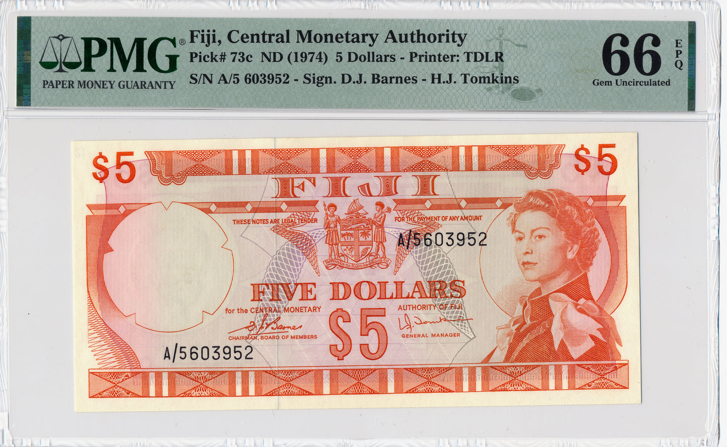 FIJI P.73c 1974 $5 Gem UNC 66 EPQ