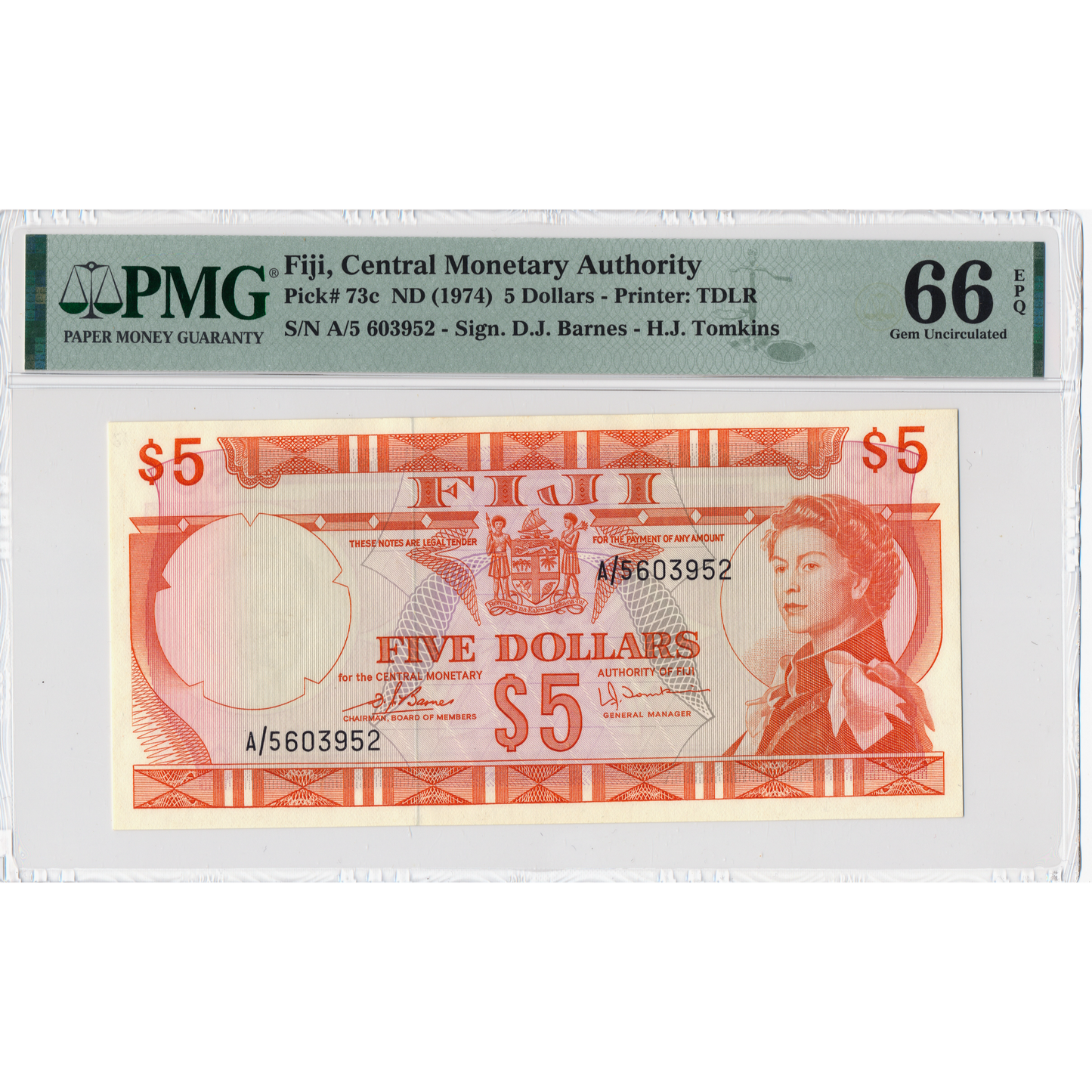 FIJI P.73c 1974 $5 Gem UNC 66 EPQ