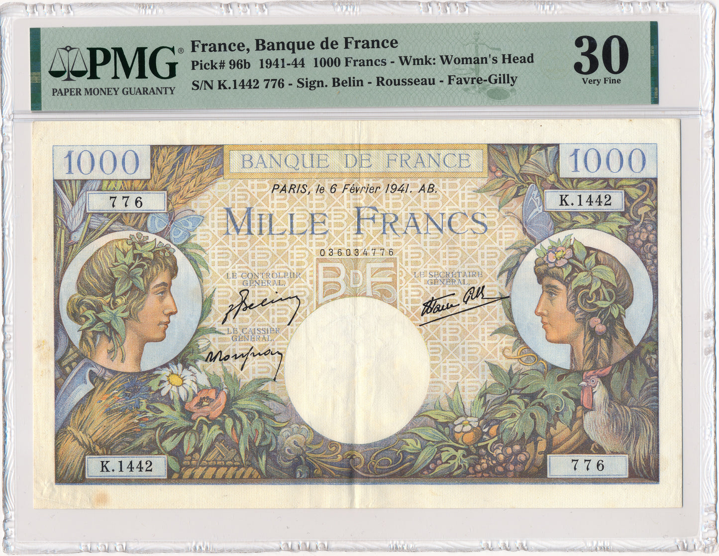 FRANCE P.96b 1941 1000Fr Belin, Rousseau, Favre-Gilly VF 30