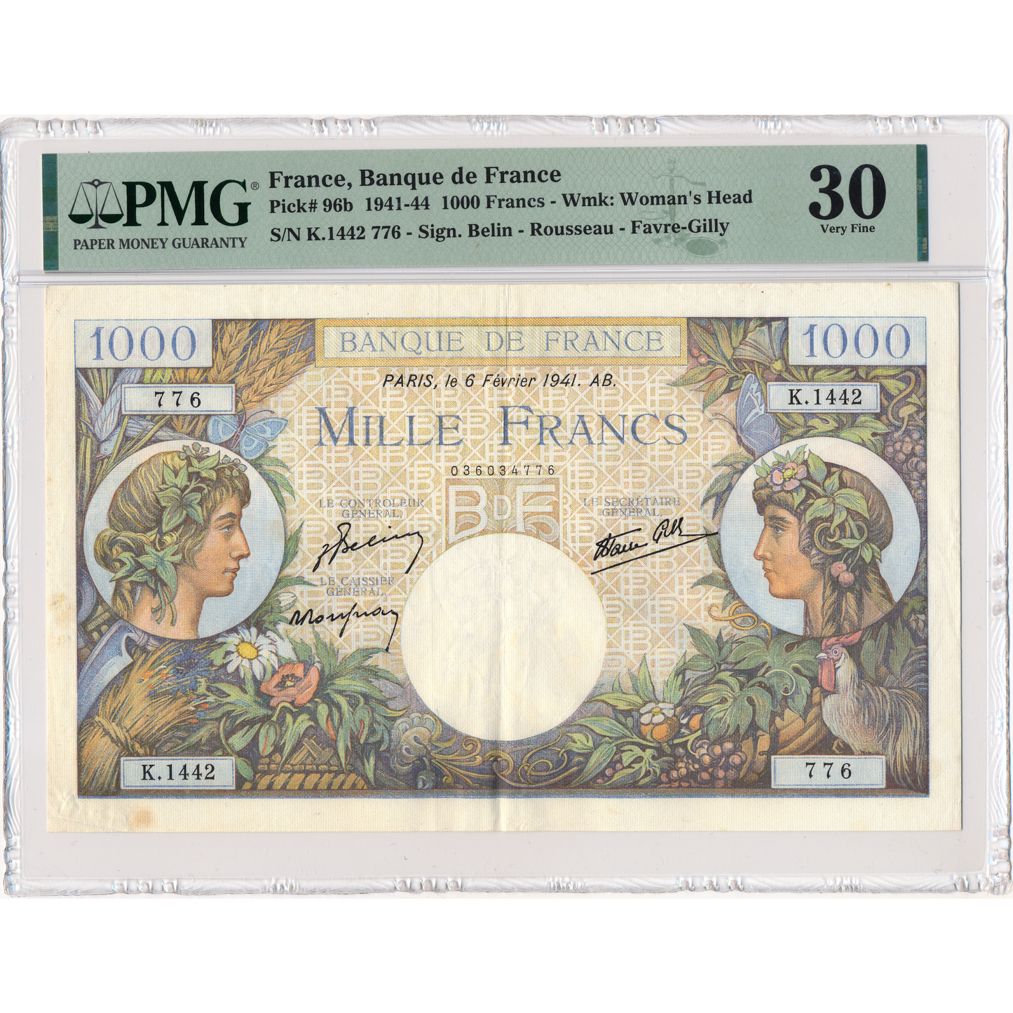 FRANCE P.96b 1941 1000Fr Belin, Rousseau, Favre-Gilly VF 30