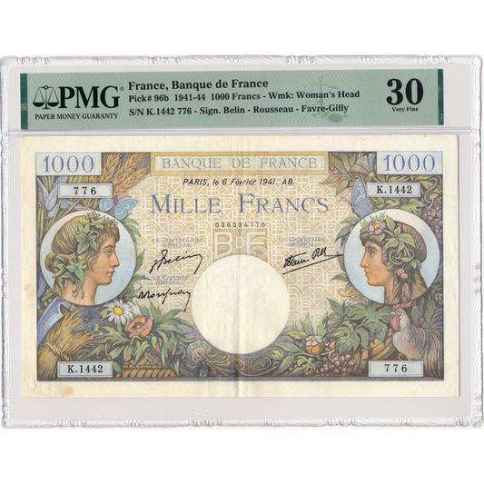 FRANCE P.96b 1941 1000Fr Belin, Rousseau, Favre-Gilly VF 30