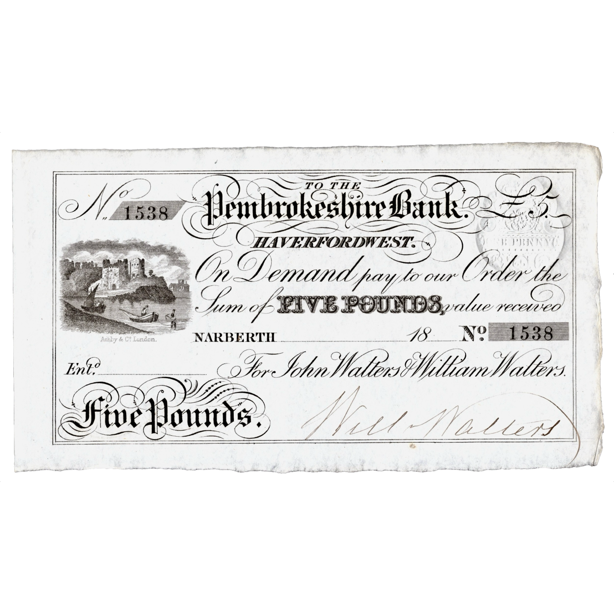 Pembrokeshire Bank, Haverfordwest 18xx £5 banknote Outing 1479b
