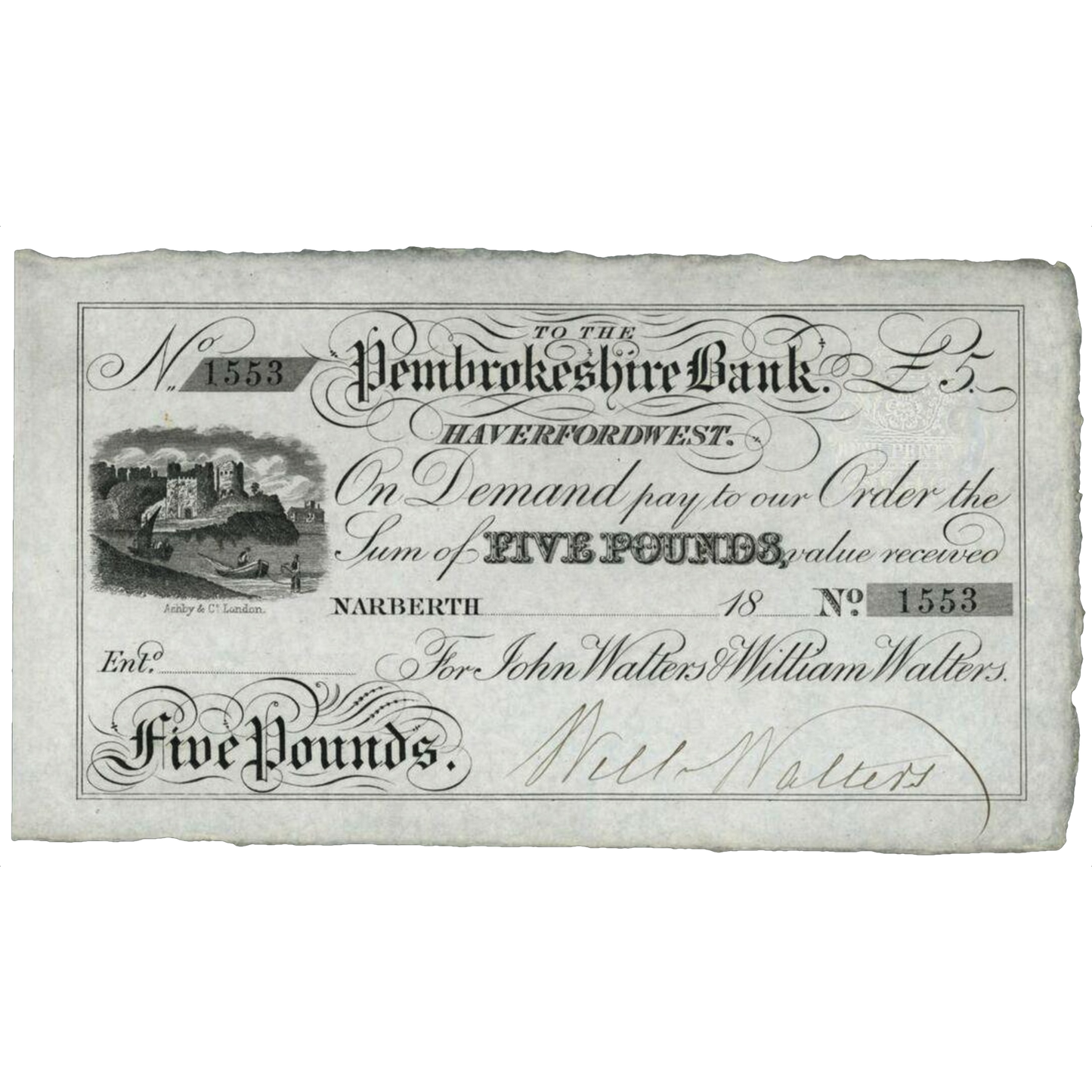 Pembrokeshire Bank 1845 £5 banknote AUNC Outing 915b