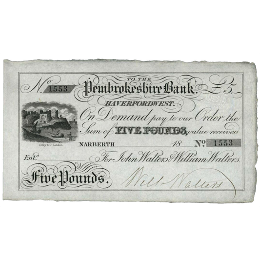 Pembrokeshire Bank 1845 £5 banknote AUNC Outing 915b