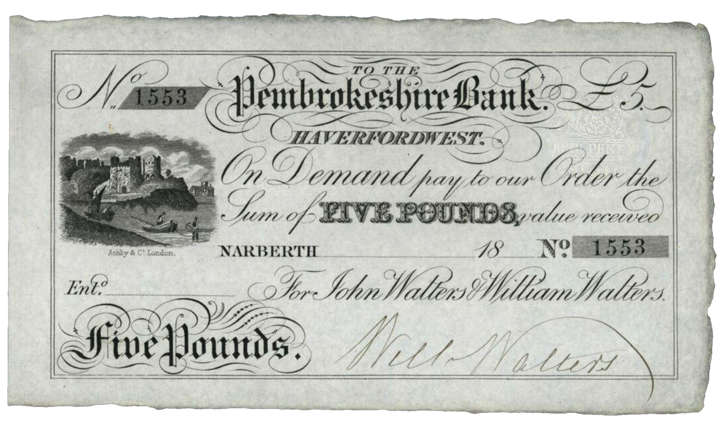 Pembrokeshire Bank 1845 £5 banknote AUNC Outing 915b