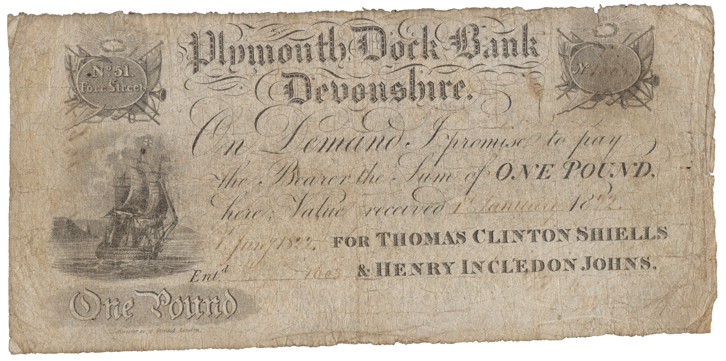 Plymouth Dock Bank 1822 £5 banknote Outing 683c