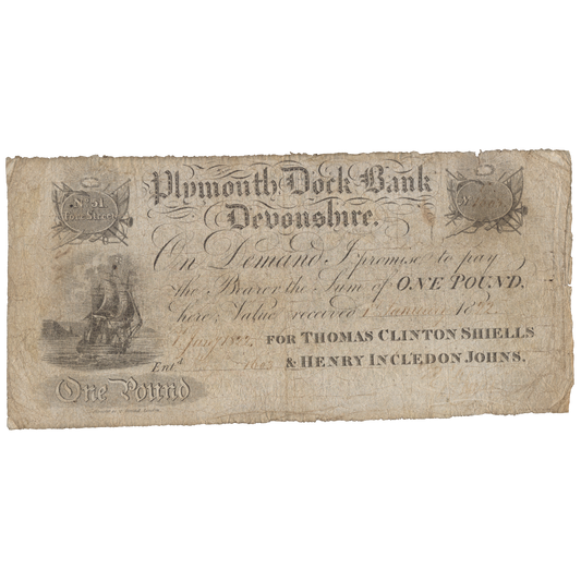 Plymouth Dock Bank 1822 £5 banknote Outing 683c