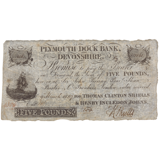 Plymouth Dock Bank 1819 £5 banknote Outing 683e