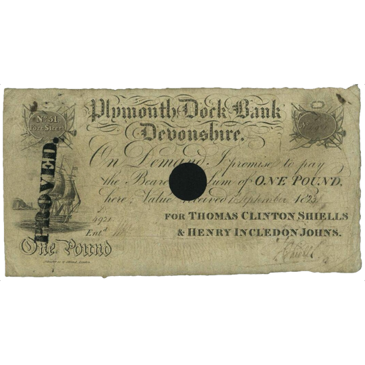 Plymouth Dock Bank 1823 £1 banknote Outing 683c