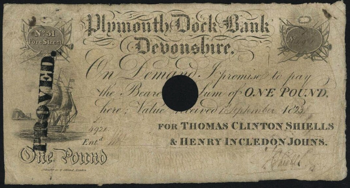 Plymouth Dock Bank 1823 £1 banknote Outing 683c