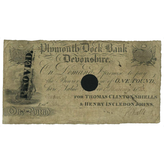 Plymouth Dock Bank 1823 £1 banknote Outing 683c