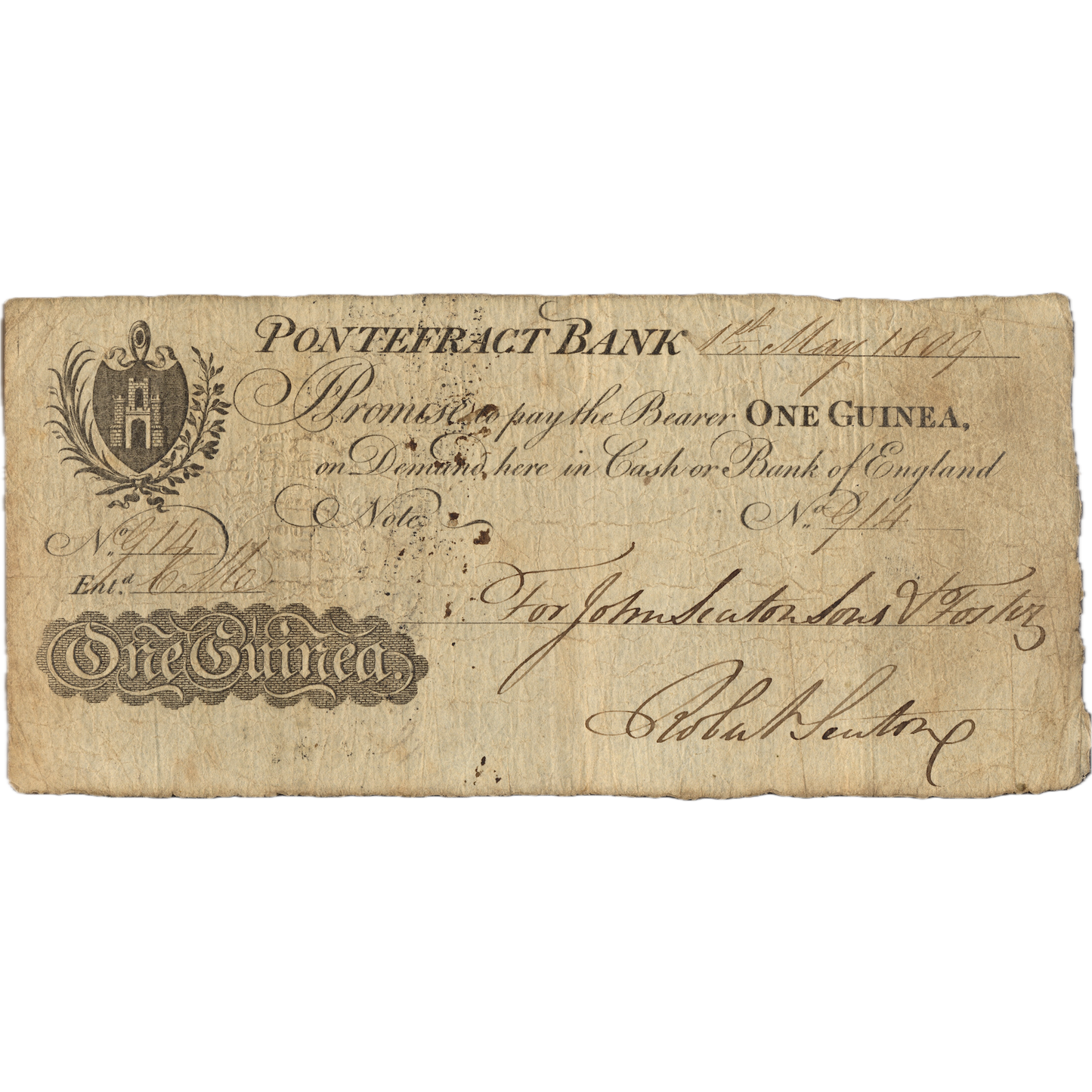 Pontefract Bank 1809 1 Guinea banknote Outing 1723e