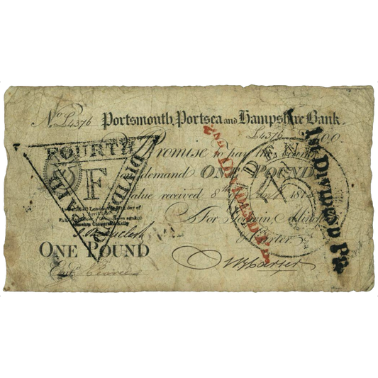 Portsmouth, Portsea and Hampshire Bank 1818 £1 banknote Outing 1742e