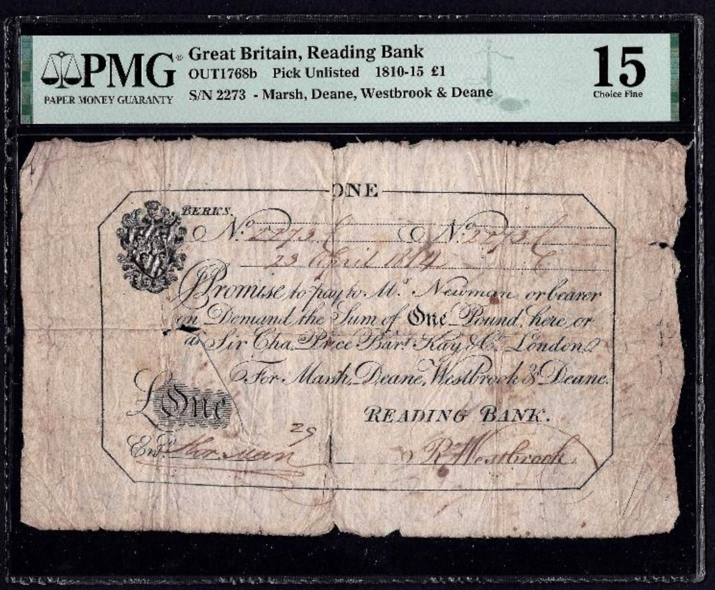 Reading Bank 1814 £1 banknote Fine Outing 1768b PMG Choice Fine 15