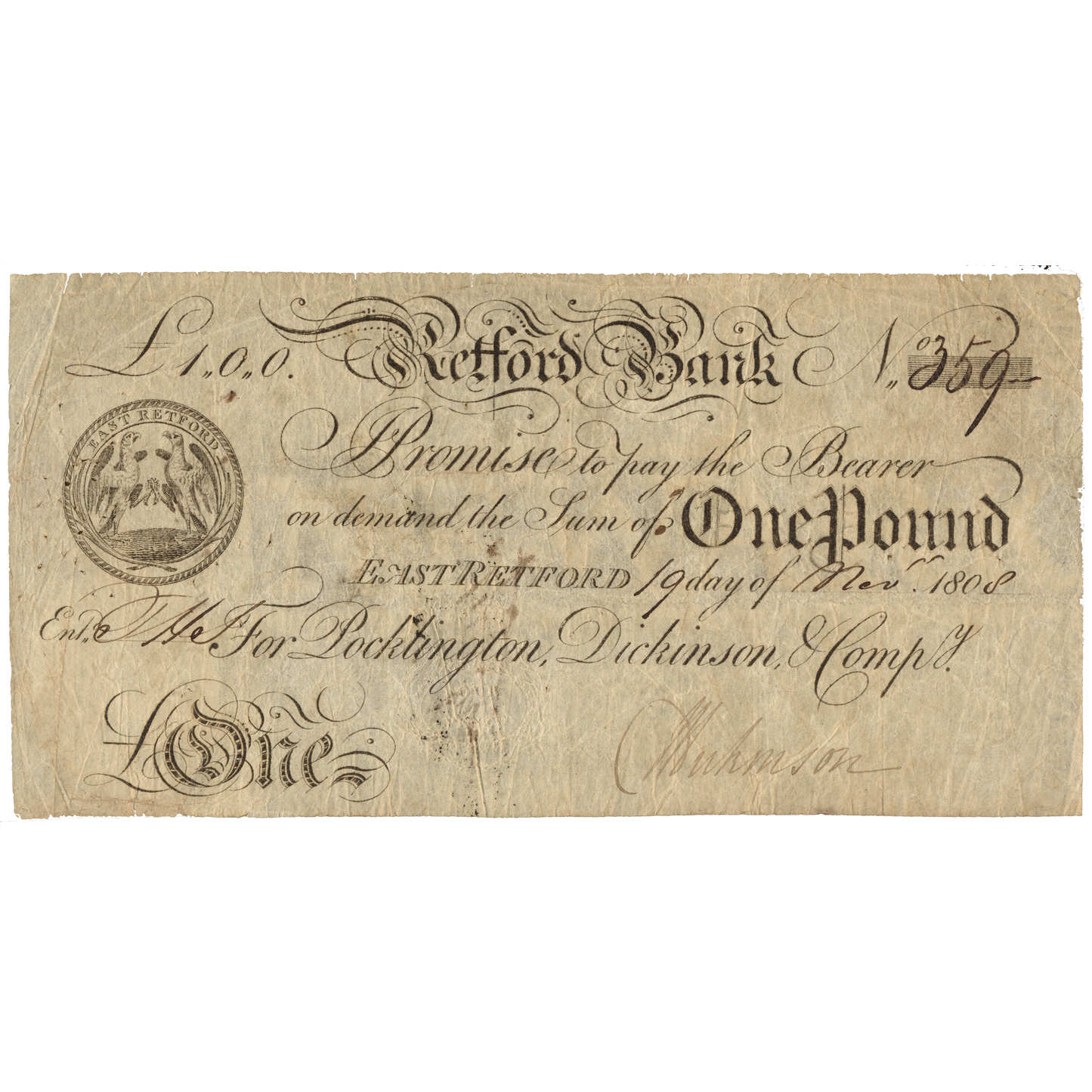 Retford Bank 1807 £1 banknote Outing 1778b