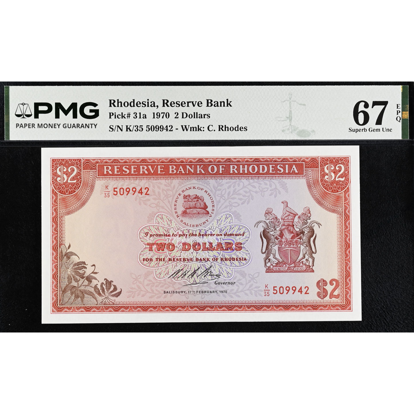 RHODESIA P.31a 1970 rare first date 2 dollars Superb Gem UNC 67 EPQ