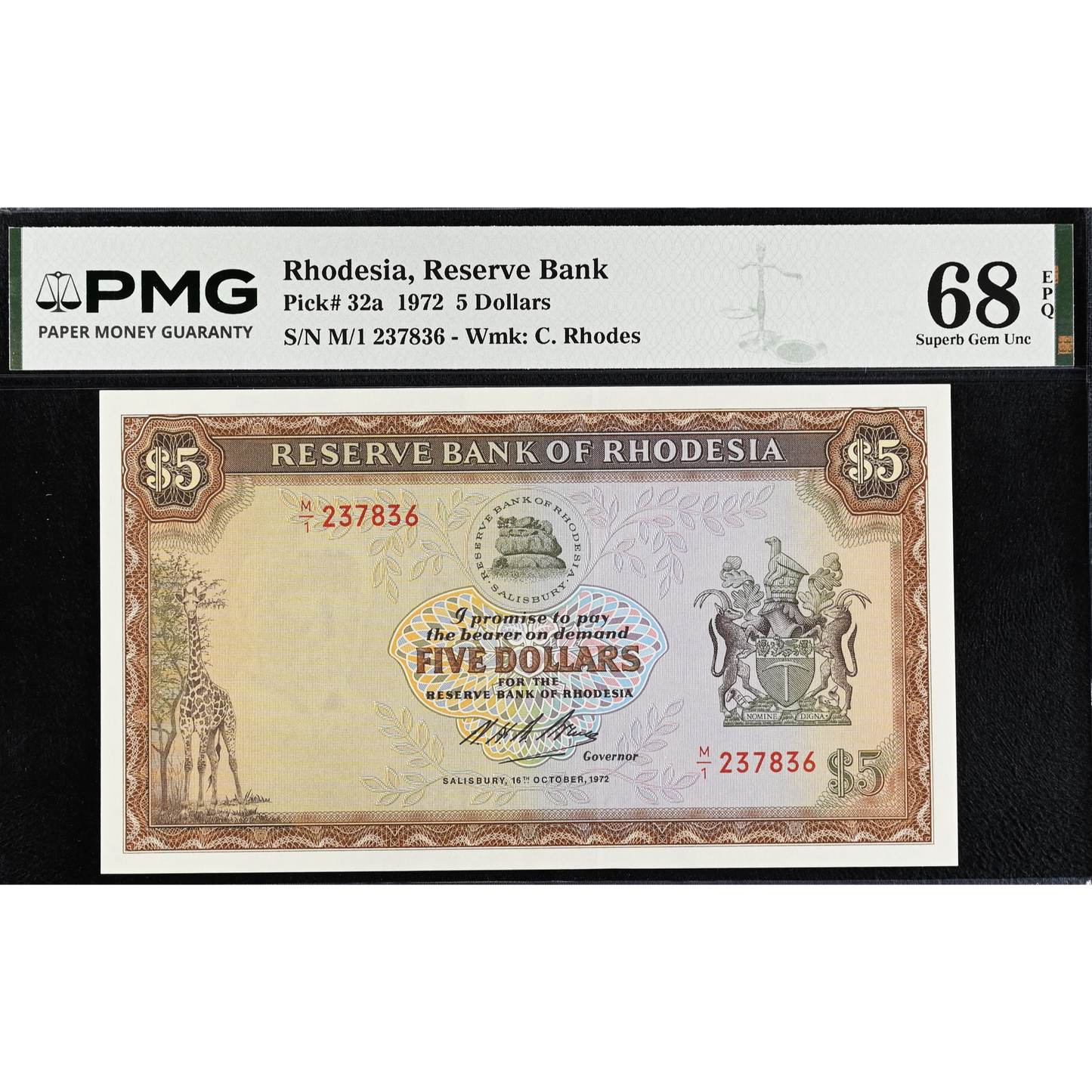 RHODESIA P.32a 1972 5 dollar Superb Gem UNC 68 EPQ