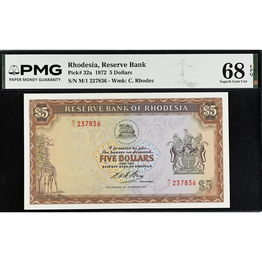 RHODESIA P.32a 1972 5 dollar Superb Gem UNC 68 EPQ