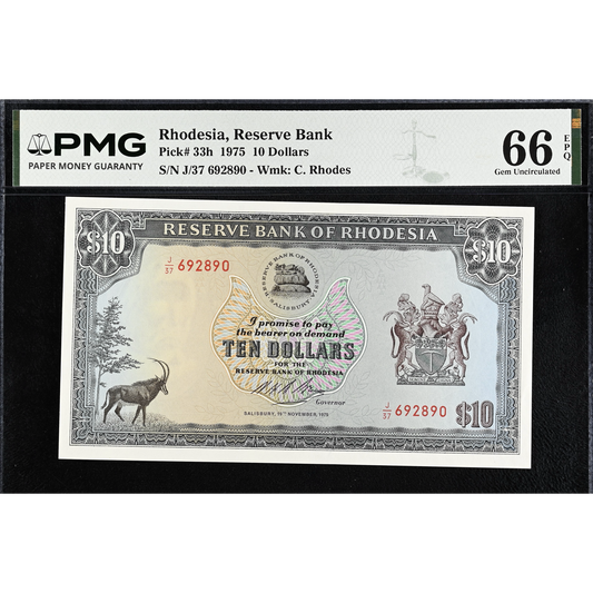 RHODESIA P.33h 1975 10 dollars Gem UNC 66 EPQ