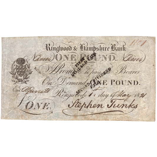 Ringwood & Hampshire Bank 1821 £1 banknote Outing 1788b