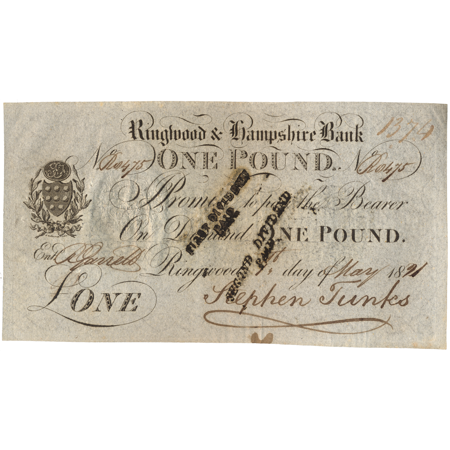 Ringwood & Hampshire Bank 1821 £1 banknote Outing 1788b