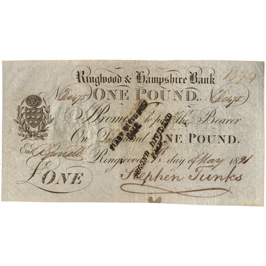 Ringwood & Hampshire Bank 1821 £1 banknote Outing 1788b