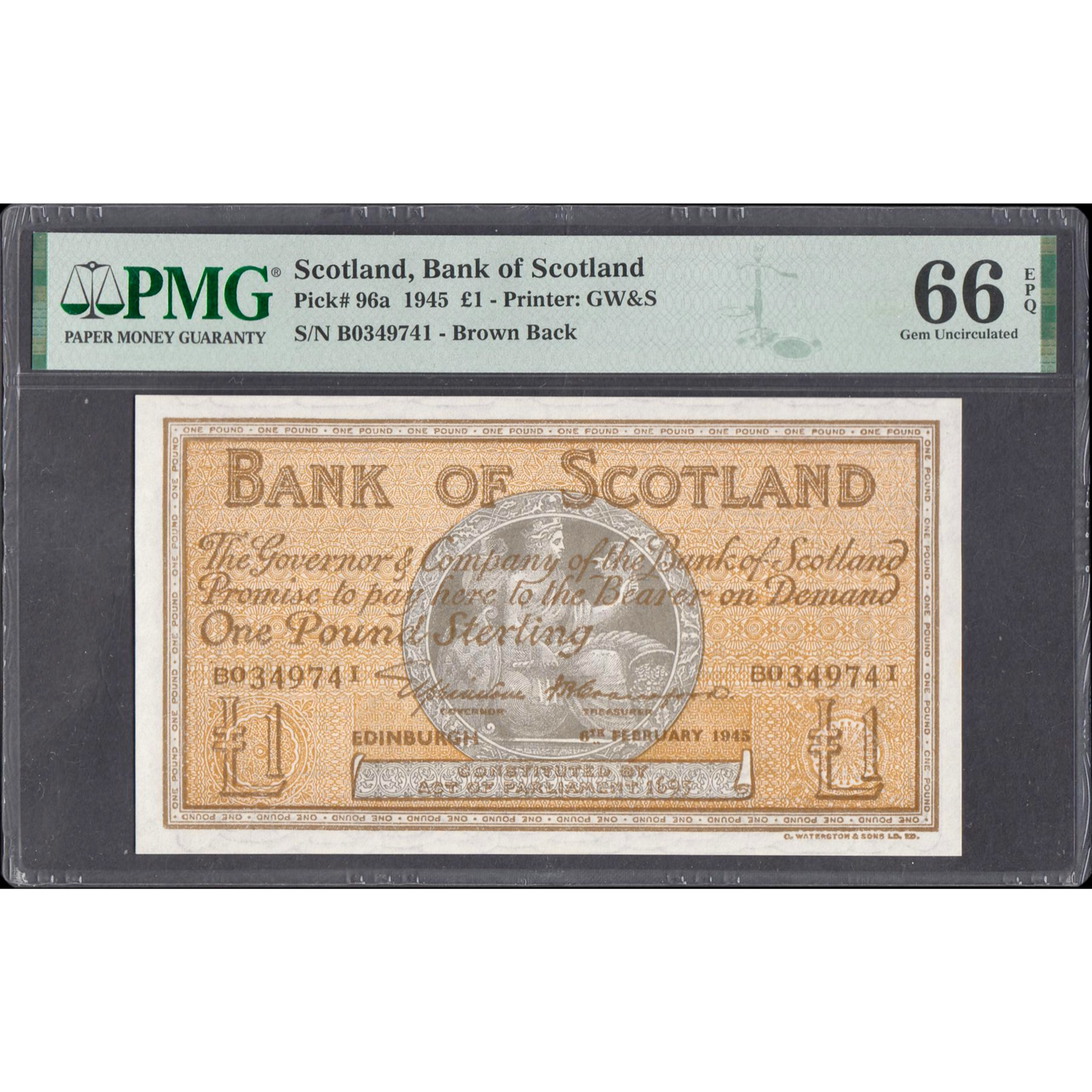 SCOTLAND P.96a SC104 1945 Bank of Scotland £1 GEM UNC 66 EPQ