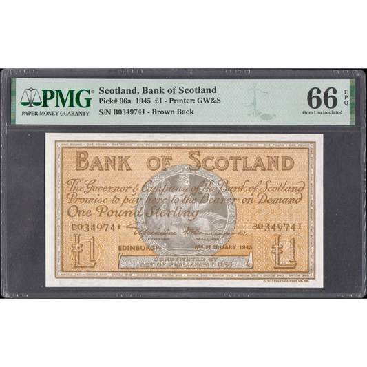 SCOTLAND P.96a SC104 1945 Bank of Scotland £1 GEM UNC 66 EPQ