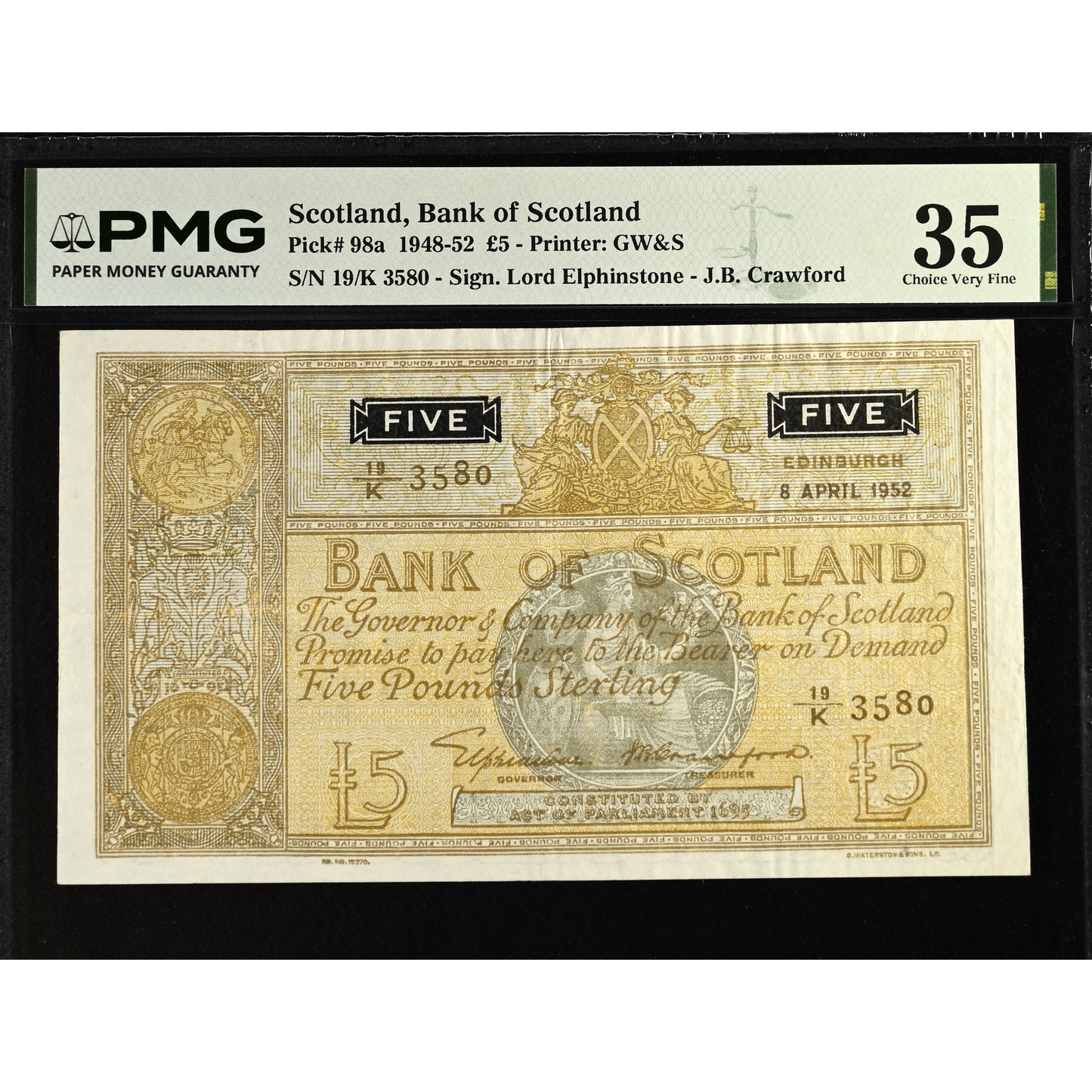 SCOTLAND P.98a SC115a 1952 Bank of Scotland £5 Choice VF 35