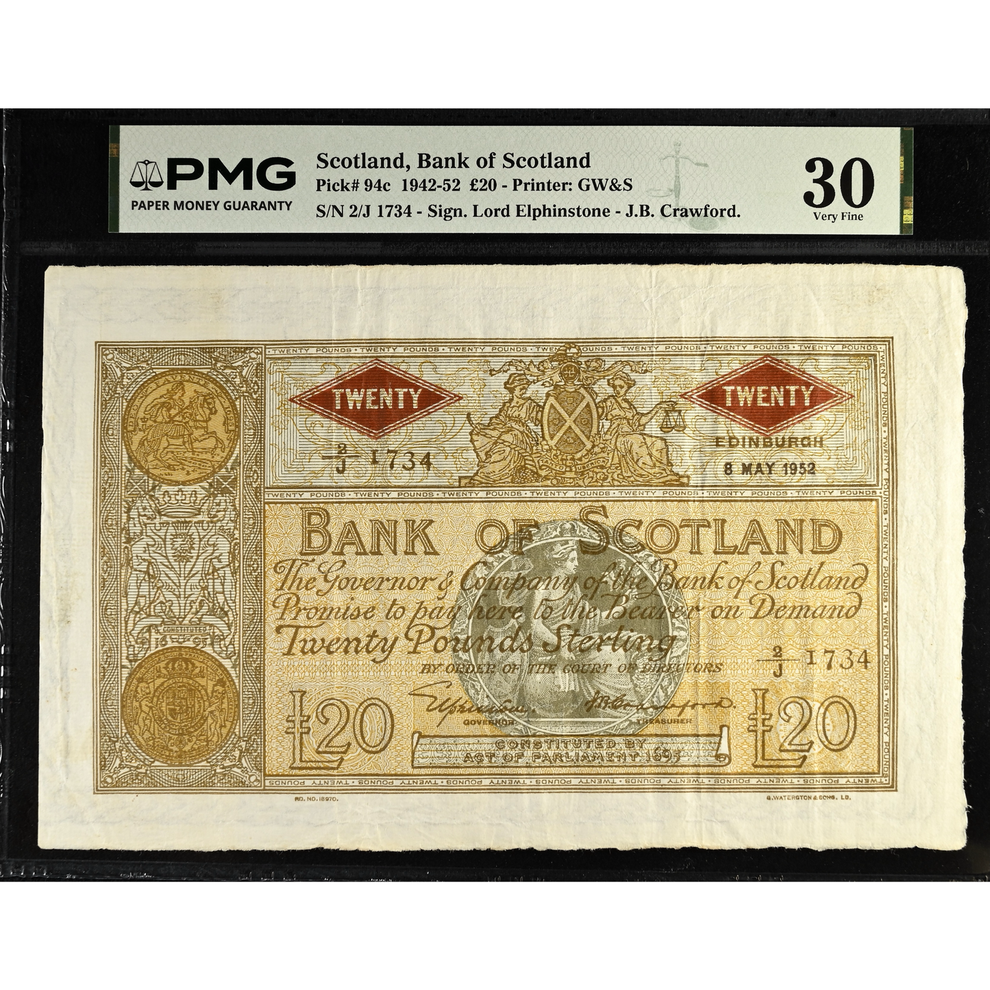 SCOTLAND P.94c SC142c 1952 Bank of Scotland £20 2/J VF 30