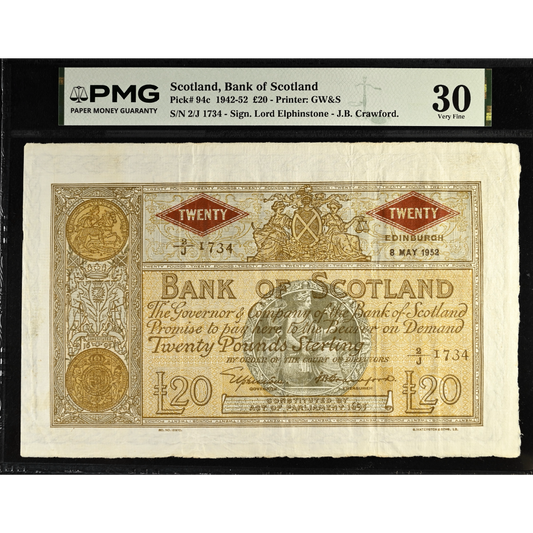 SCOTLAND P.94c SC142c 1952 Bank of Scotland £20 2/J VF 30