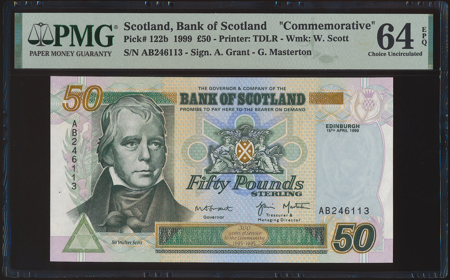 SCOTLAND P.122b SC161b 1999 Bank of Scotland £50 AB CHOICE UNC 64 EPQ