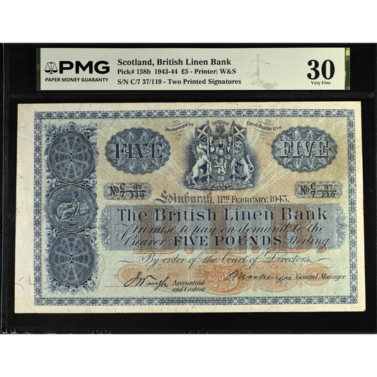 SCOTLAND P.158b SC213c 1943 British Linen Bank First series £5 C/7 VF 30
