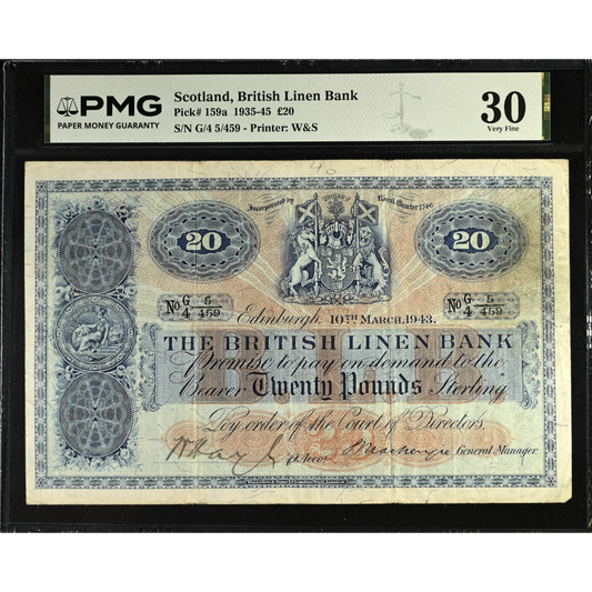 SCOTLAND P.159a SC234c 1943 British Linen Bank £20 G/4 VF 30