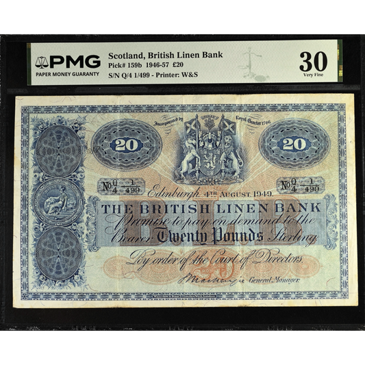 SCOTLAND P.159b SC235a 1949 British Linen Bank Last series £20 Q/4 VF30