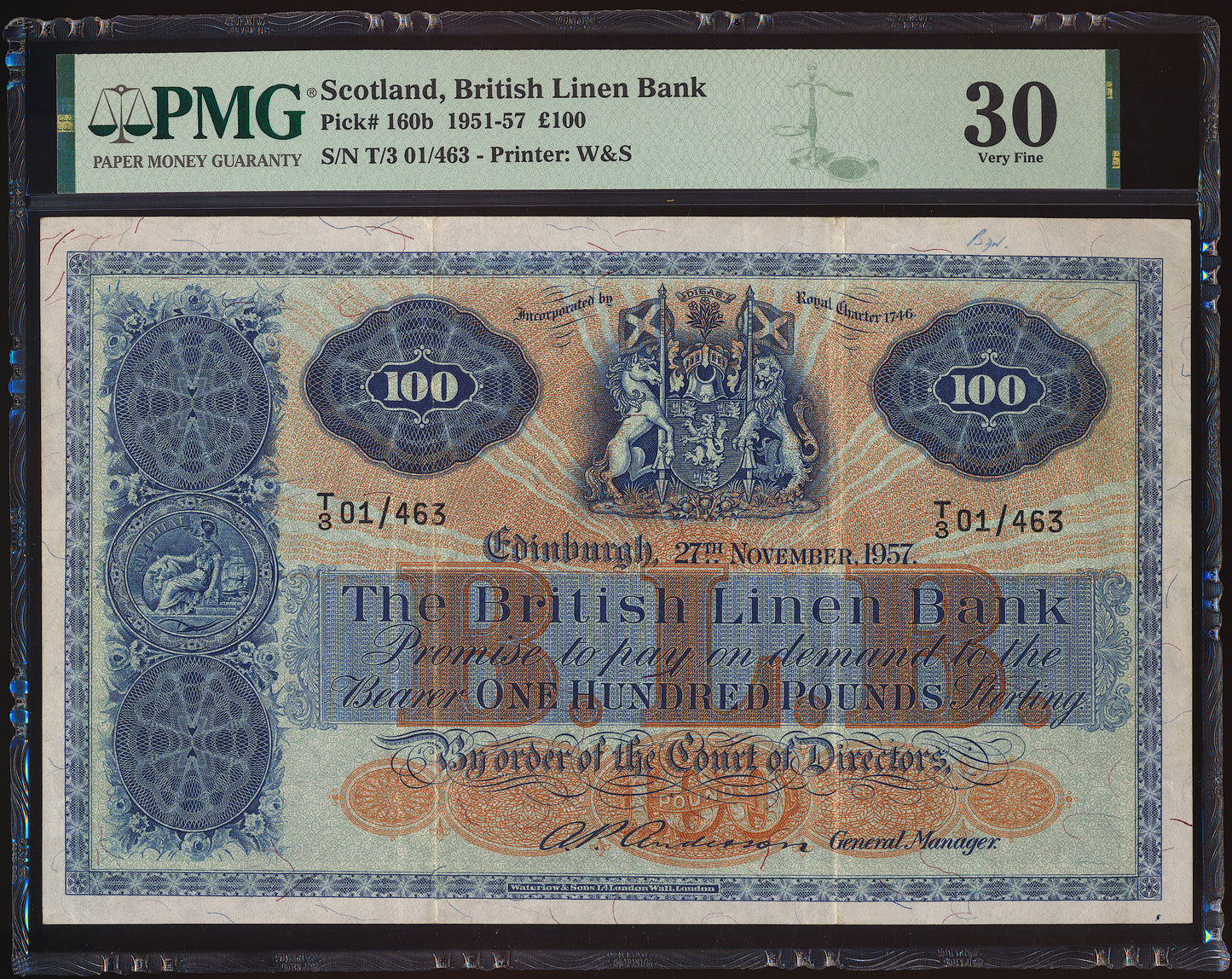 SCOTLAND P.160b SC244 1957 British Linen Bank £100 VF30